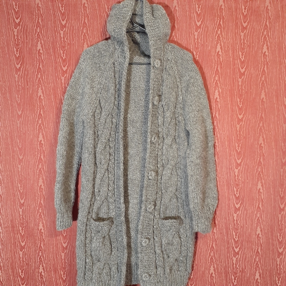 PURE 100% WOOL/KARPAS KNITTED HOODED BUTTON DOWN SWEATER CARDIGAN GRAY WOMEN'S - Picture 2 of 14